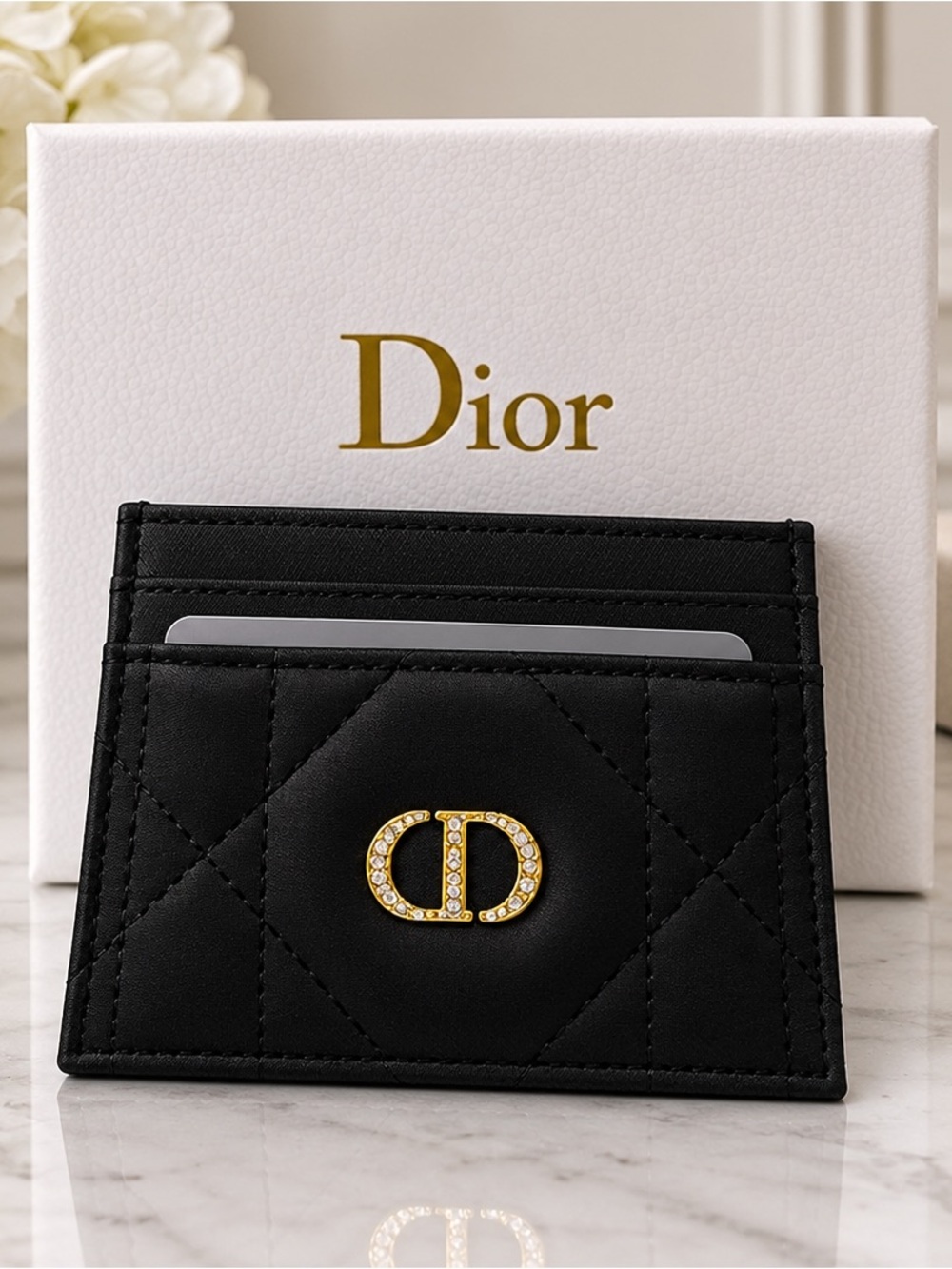 Black Quilted Card Holder with Gold CD Signature